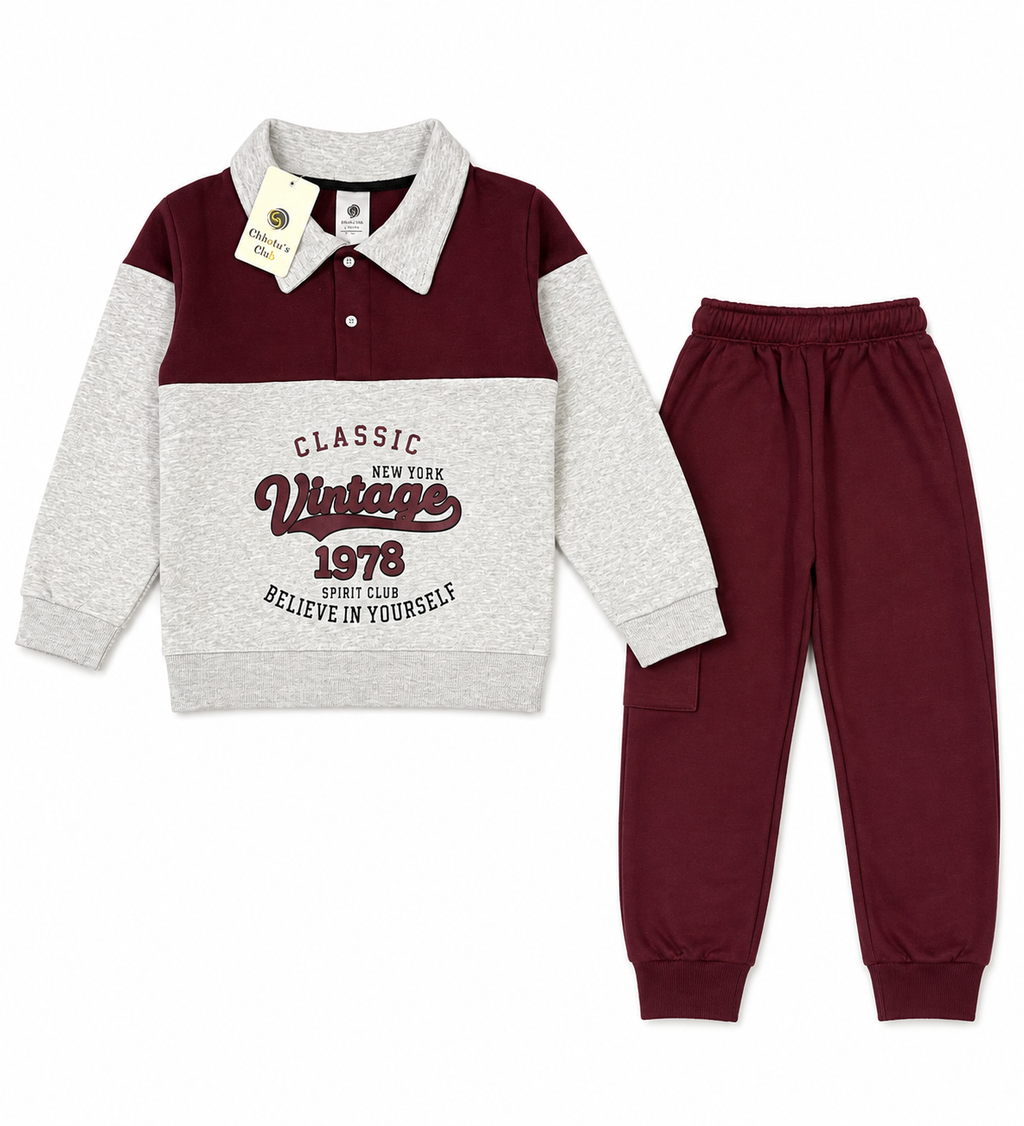 Kids "Classic Vintage 1978" Polo Tracksuit | Boys Maroon & Grey Fleece Outfit