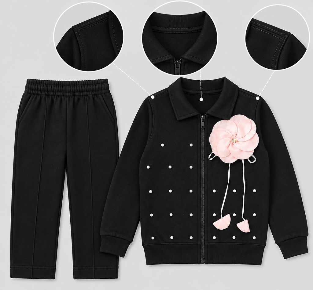 Girls Black 2-Piece Tracksuit Set with Pink Flower Detail