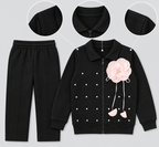 Girls Black 2-Piece Tracksuit Set with Pink Flower Detail