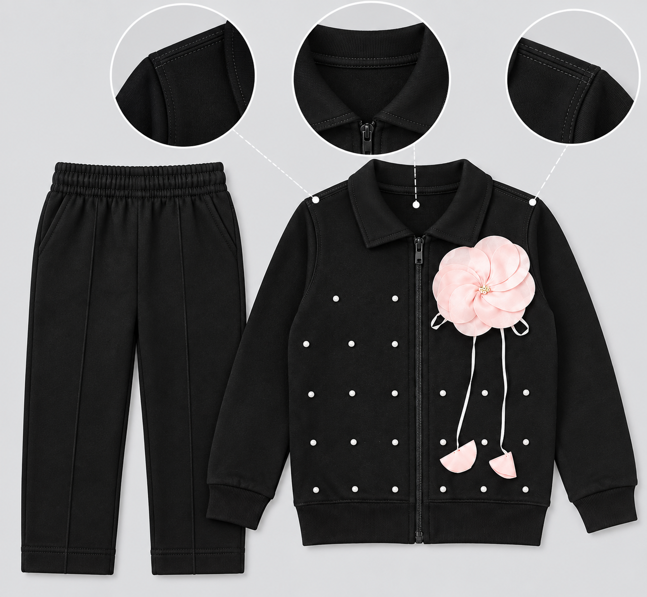 Girls Black 2-Piece Tracksuit Set with Pink Flower Detail