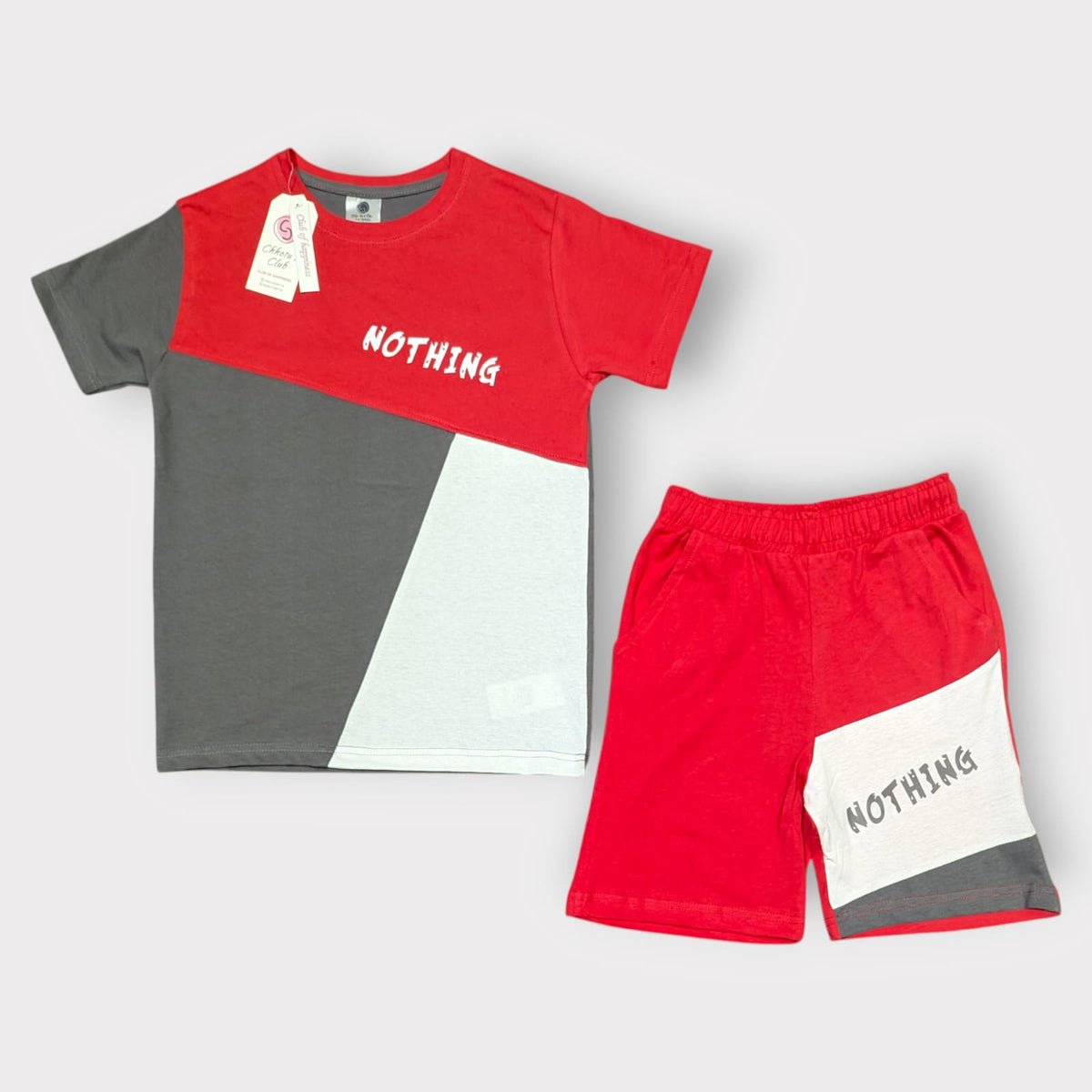 Nothing Color Block Co-Ord Set – Red & Grey Kids T-Shirt with Shorts