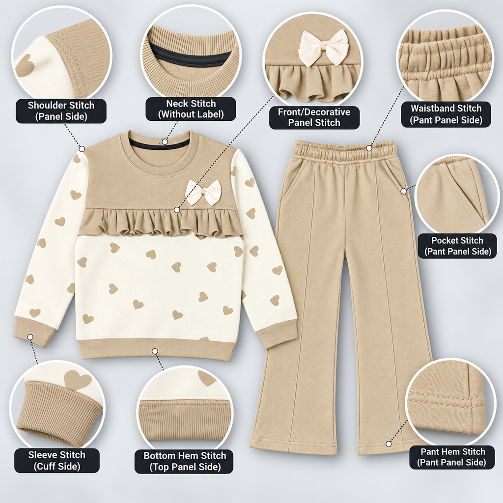 Girls Beige Heart Print Frill Top & Flared Pants 2-Piece Set