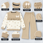 Girls Beige Heart Print Frill Top & Flared Pants 2-Piece Set
