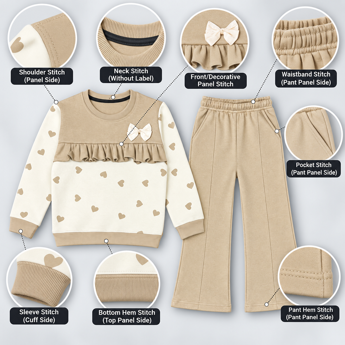 Girls Beige Heart Print Frill Top & Flared Pants 2-Piece Set