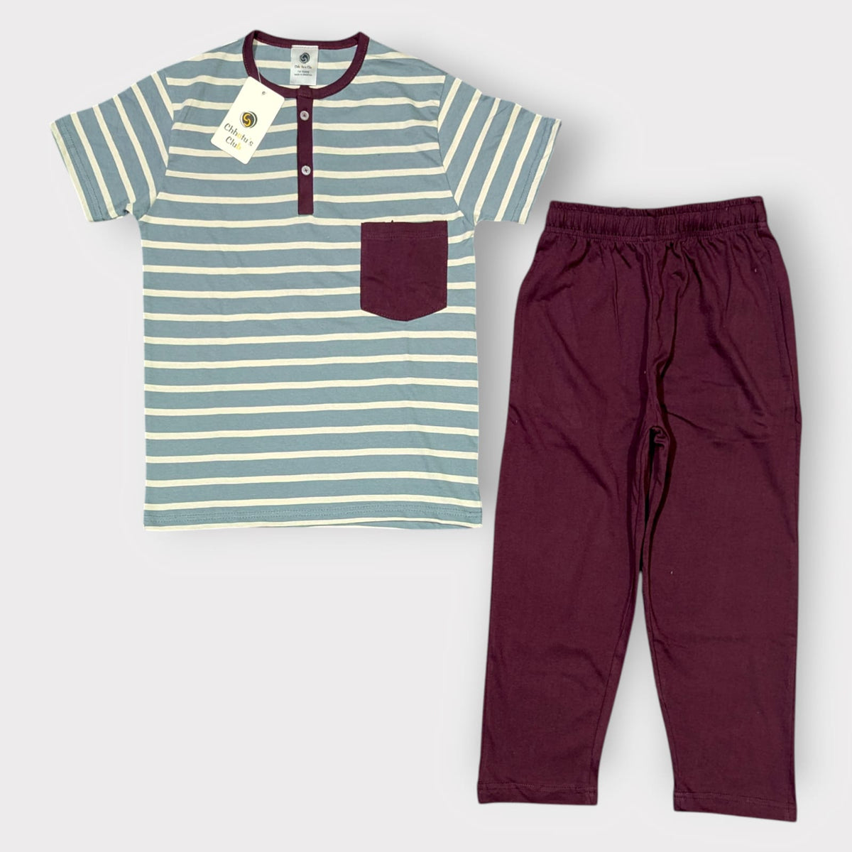 Striped Henley Co-Ord Set – Blue & Maroon Kids T-Shirt with Pants
