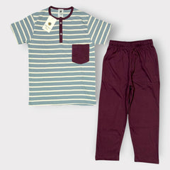 Striped Henley Co-Ord Set – Blue & Maroon Kids T-Shirt with Pants