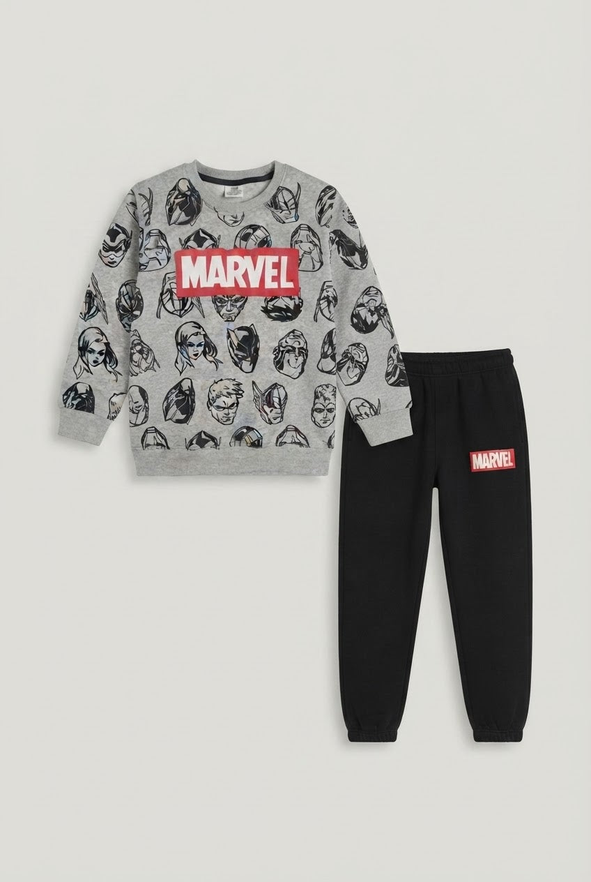 Kids Marvel Heroes All-Over Print Sweatshirt & Jogger Set | Boys Grey & Black Superhero Tracksuit