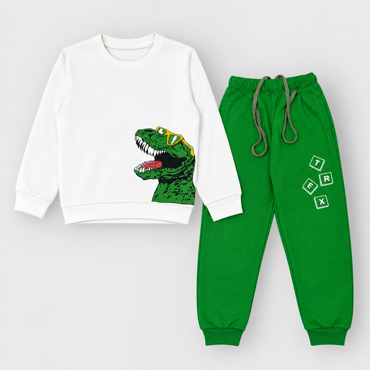 Kids Dinosaur Printed Sweatshirt & Green Jogger Tracksuit Set