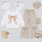 Girls Bow Detail Sweatshirt & Wide-Leg Pants Set – White & Beige