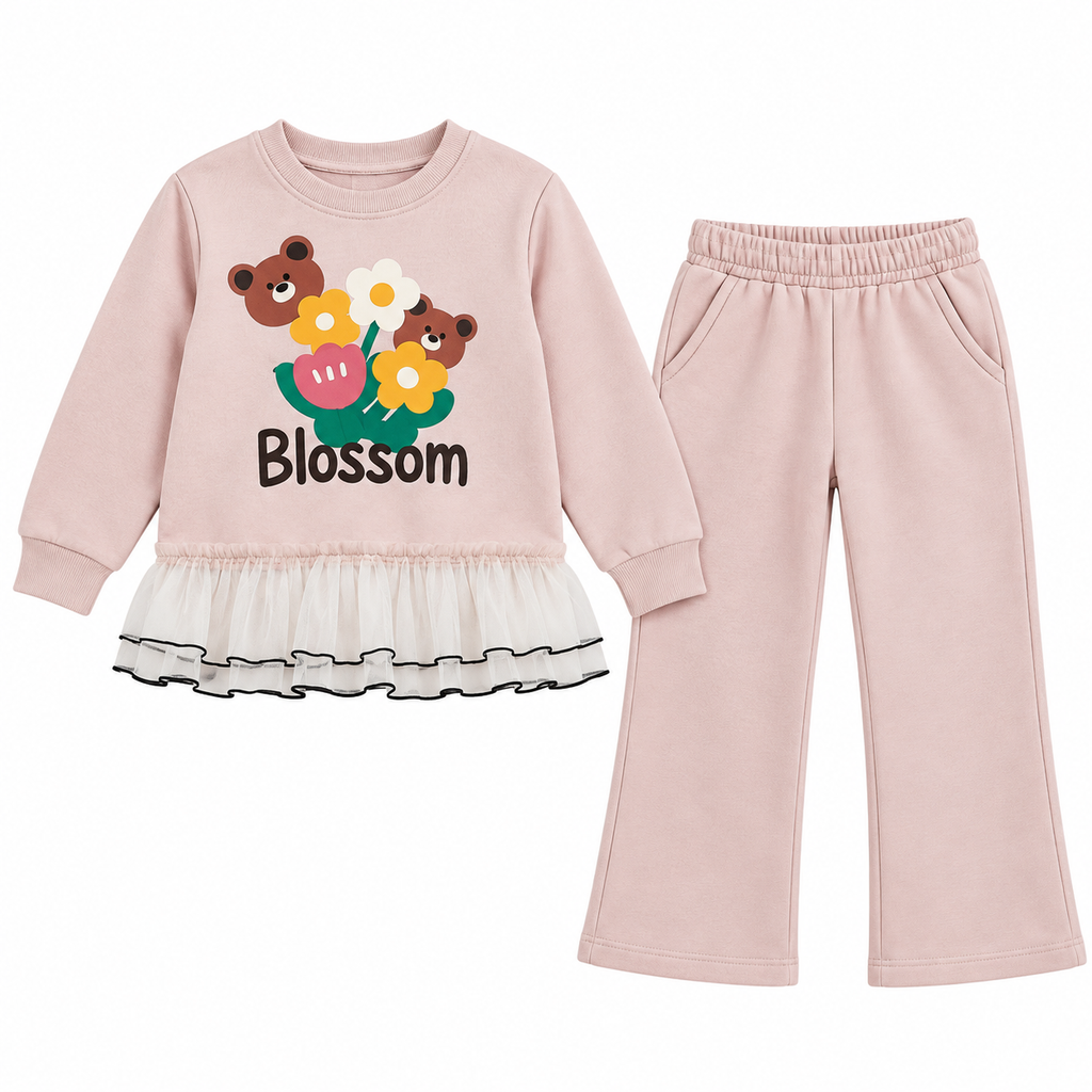 Girls Blossom Bear Ruffle Top & Wide-Leg Pants Set