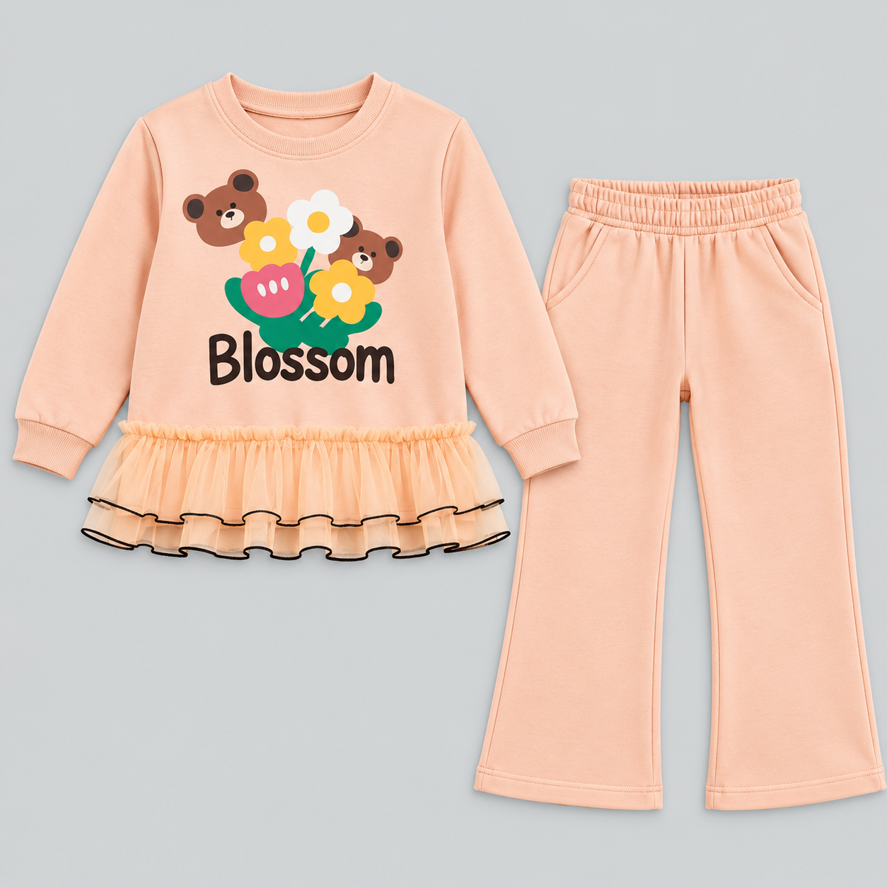 Girls Blossom Bear Ruffle Top & Wide-Leg Pants Set