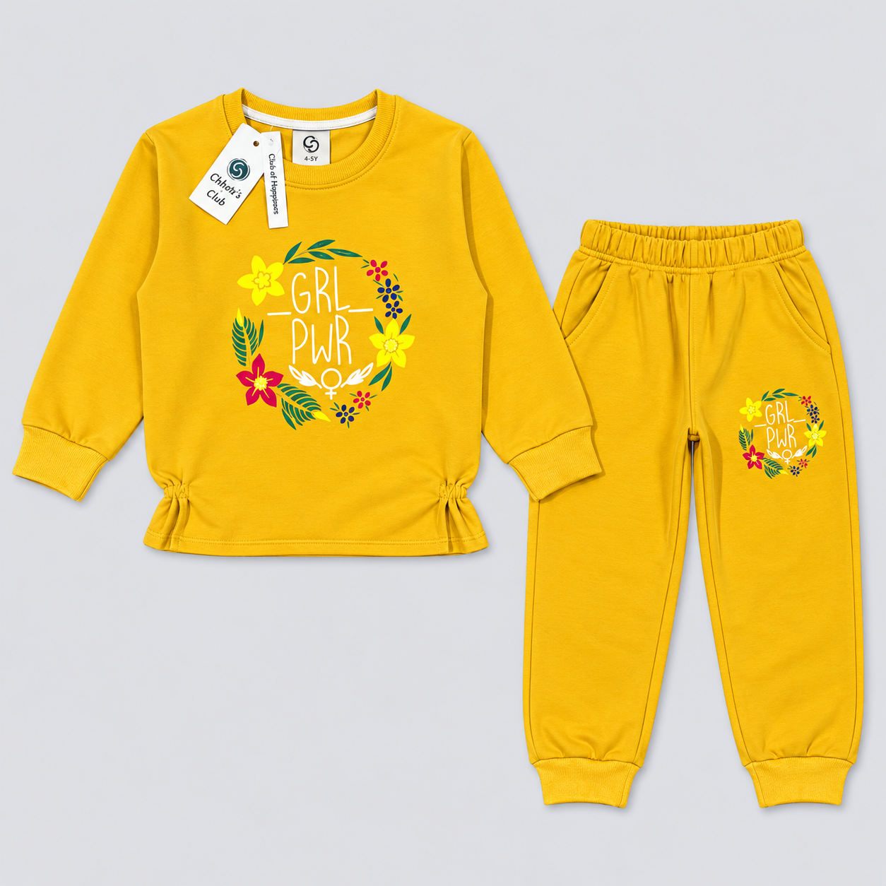 Girls "GRL PWR" Floral Sweatshirt & Joggers Set – Vibrant Yellow Tracksuit