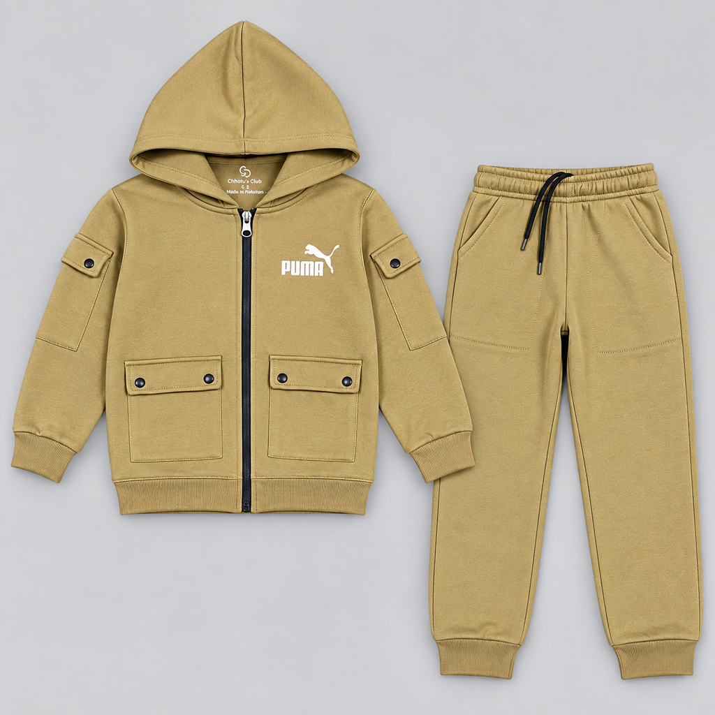 Kids Hooded Zip-Up Cargo Tracksuit Set