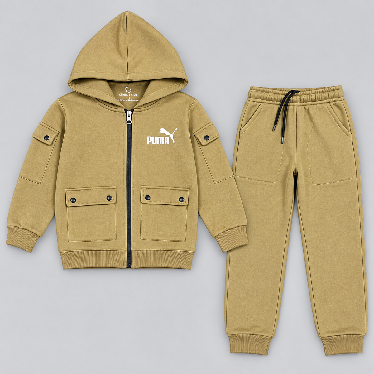 Kids Hooded Zip-Up Cargo Tracksuit Set