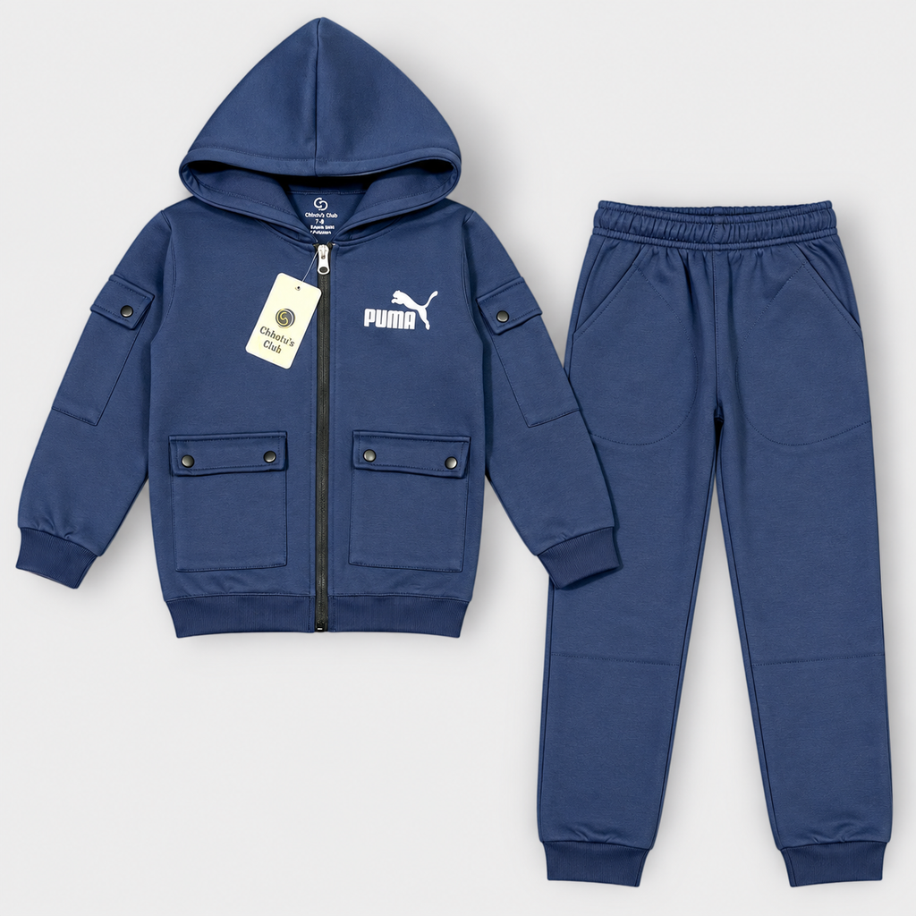 Kids Hooded Zip-Up Cargo Tracksuit Set
