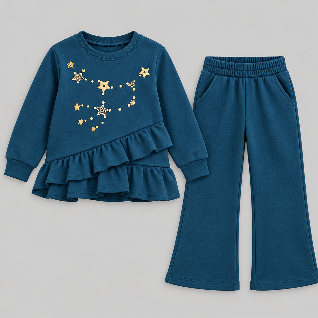 Girls Star Embellished Ruffle Top & Wide-Leg Pants Set