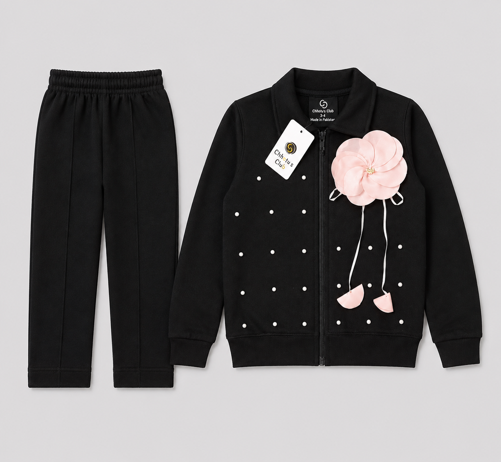 Girls Black 2-Piece Tracksuit Set with Pink Flower Detail