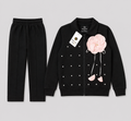 Girls Black 2-Piece Tracksuit Set with Pink Flower Detail