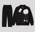 Girls Black 2-Piece Tracksuit Set with Pink Flower Detail
