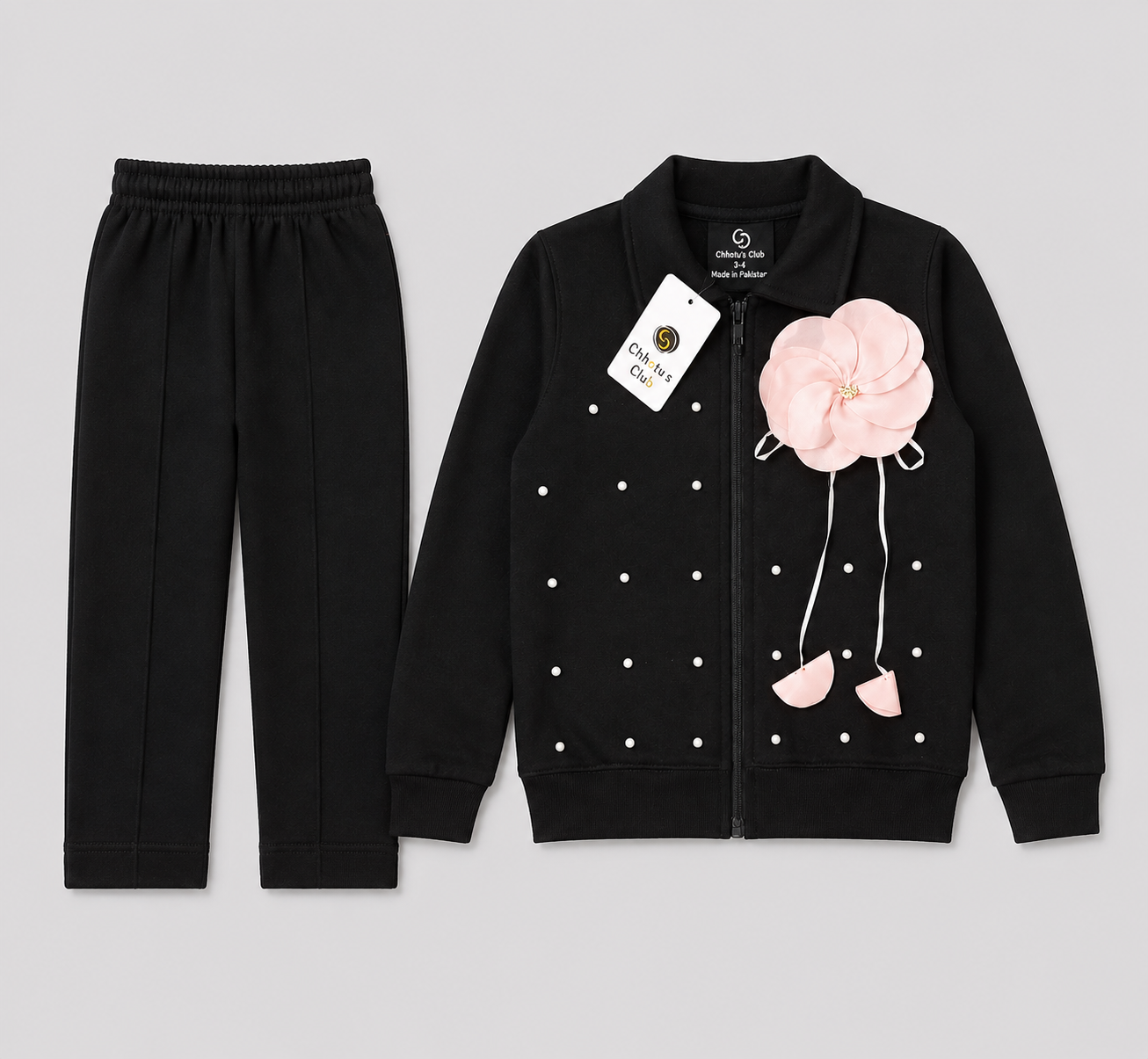 Girls Black 2-Piece Tracksuit Set with Pink Flower Detail
