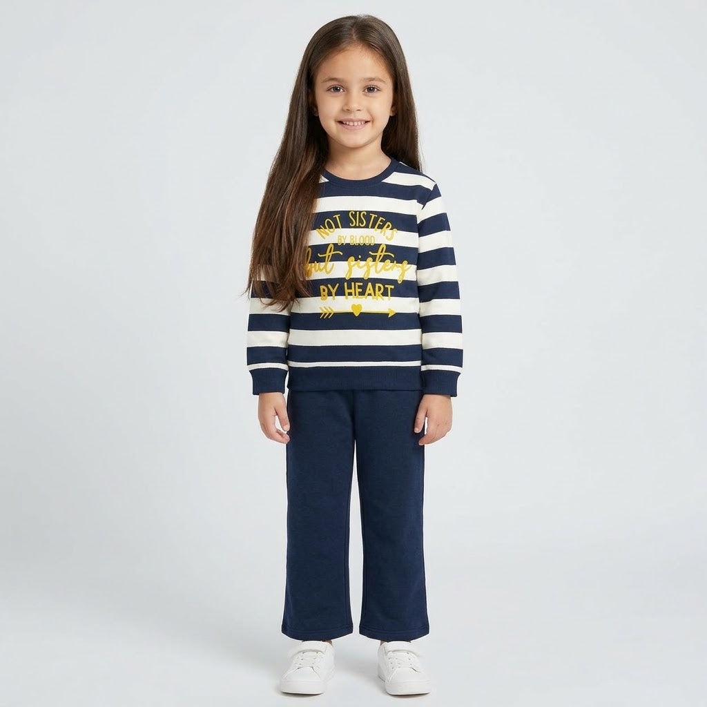 Girls Navy & White Striped "Sisters By Heart" Sweatshirt & Trousers Set
