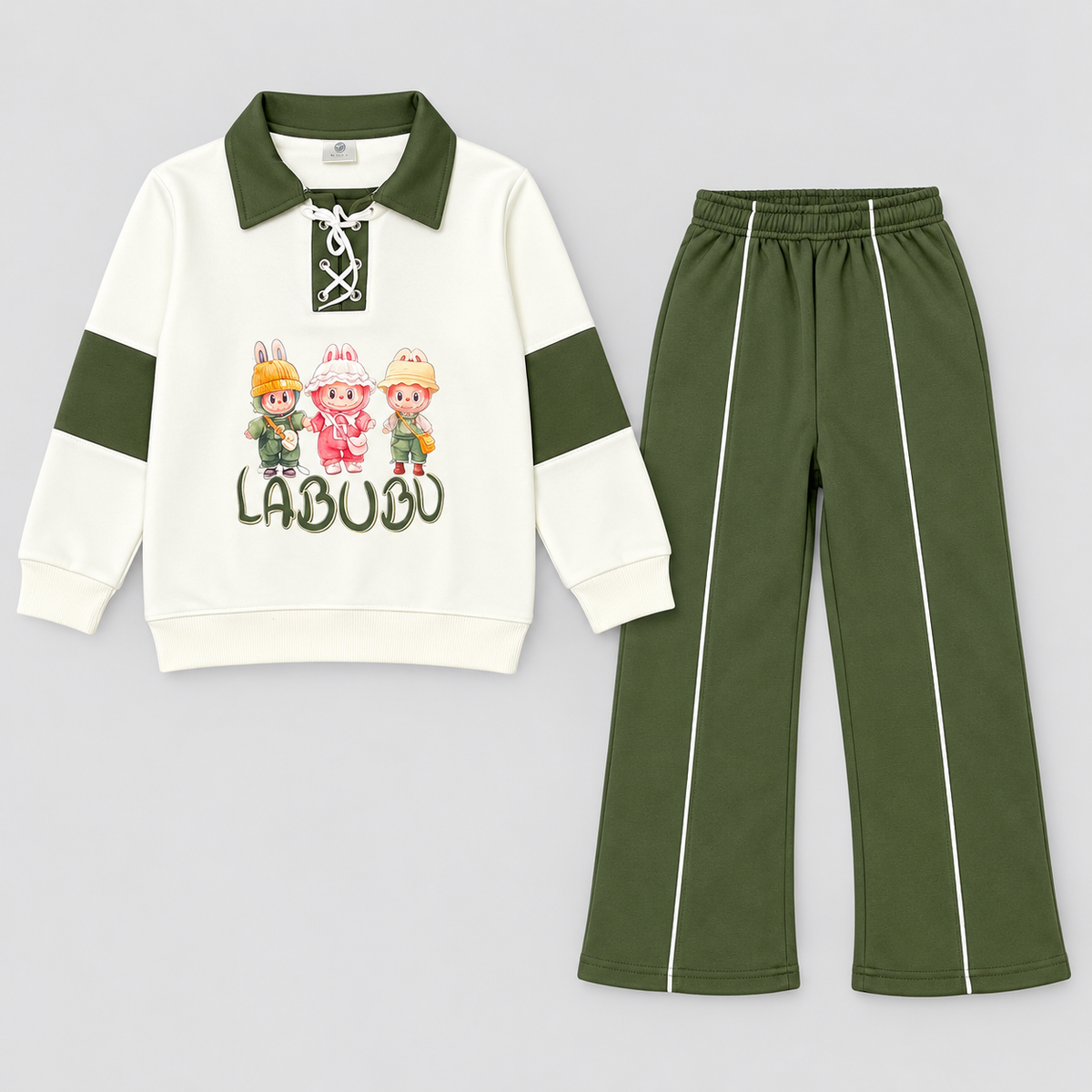 Girls’ Olive & Navy Graphic Sweatshirt with Matching Track Pants Set