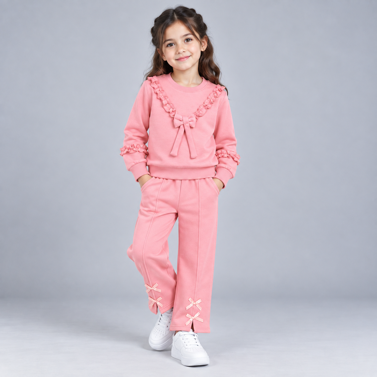 Girls Ruffle Bow Sweatshirt & Wide Leg Trouser Set