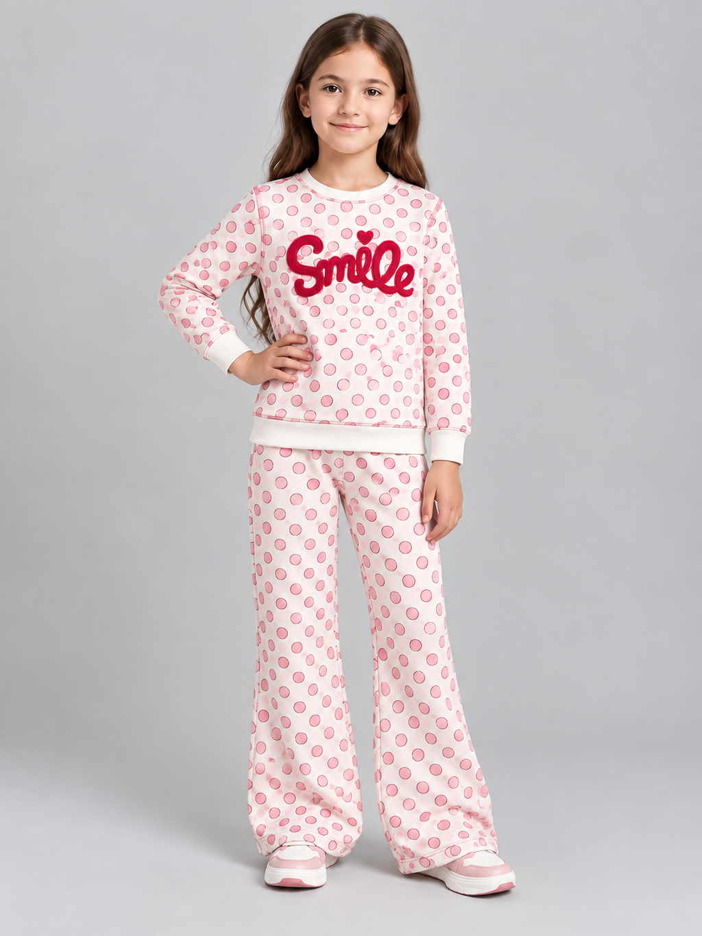 Girls Smile Polka Dot Top & Wide-Leg Pants Set