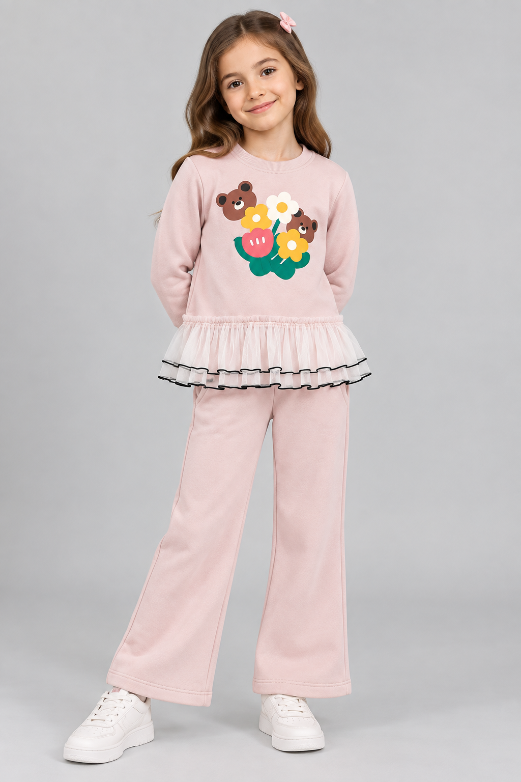 Girls Blossom Bear Ruffle Top & Wide-Leg Pants Set
