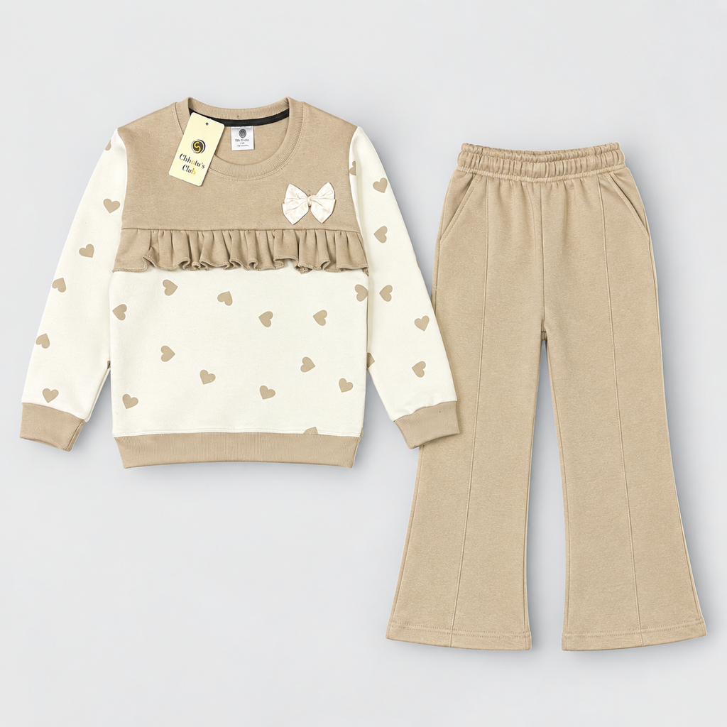 Girls Beige Heart Print Frill Top & Flared Pants 2-Piece Set