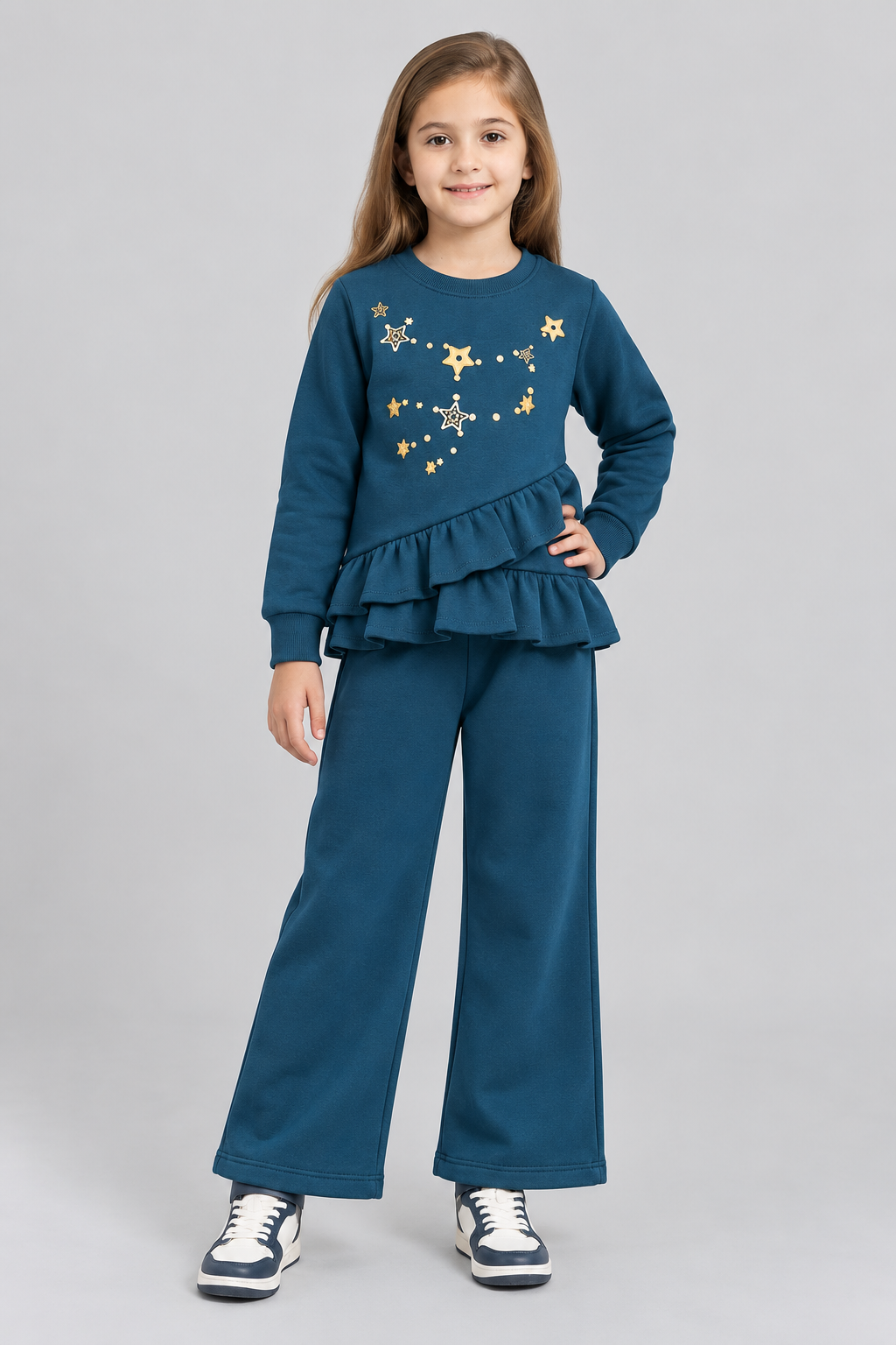 Girls Star Embellished Ruffle Top & Wide-Leg Pants Set