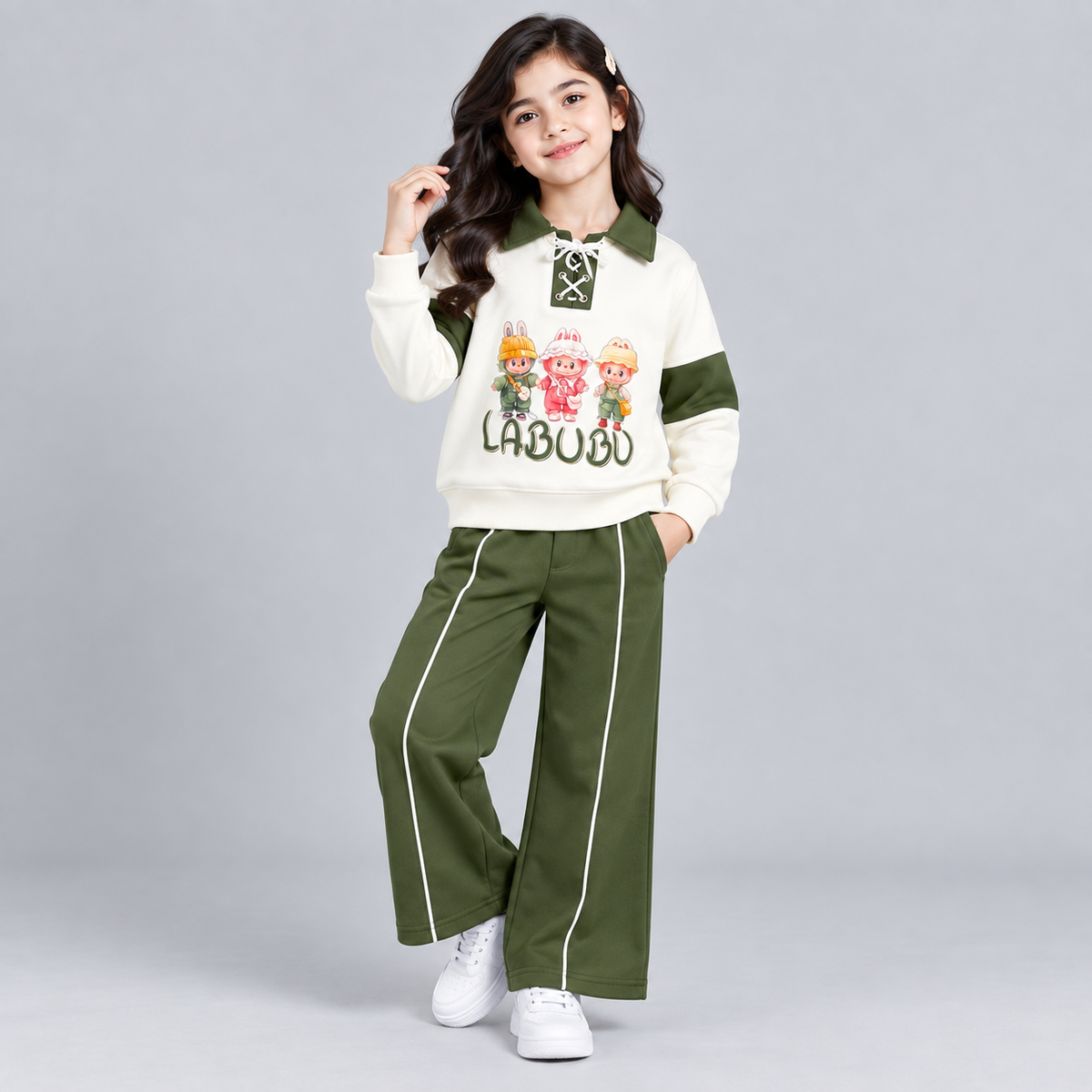 Girls’ Olive & Navy Graphic Sweatshirt with Matching Track Pants Set