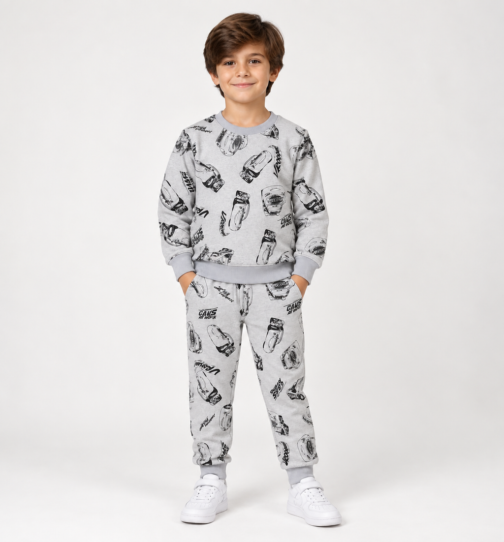 Kids All-Over Car Print Grey Sweatshirt & Jogger Set | Boys Vroom Streetwear Tracksuit