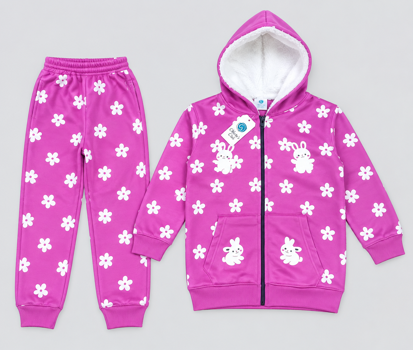 Girls Warm Floral & Bunny Fleece Tracksuit – Pink Winter Hooded Suit