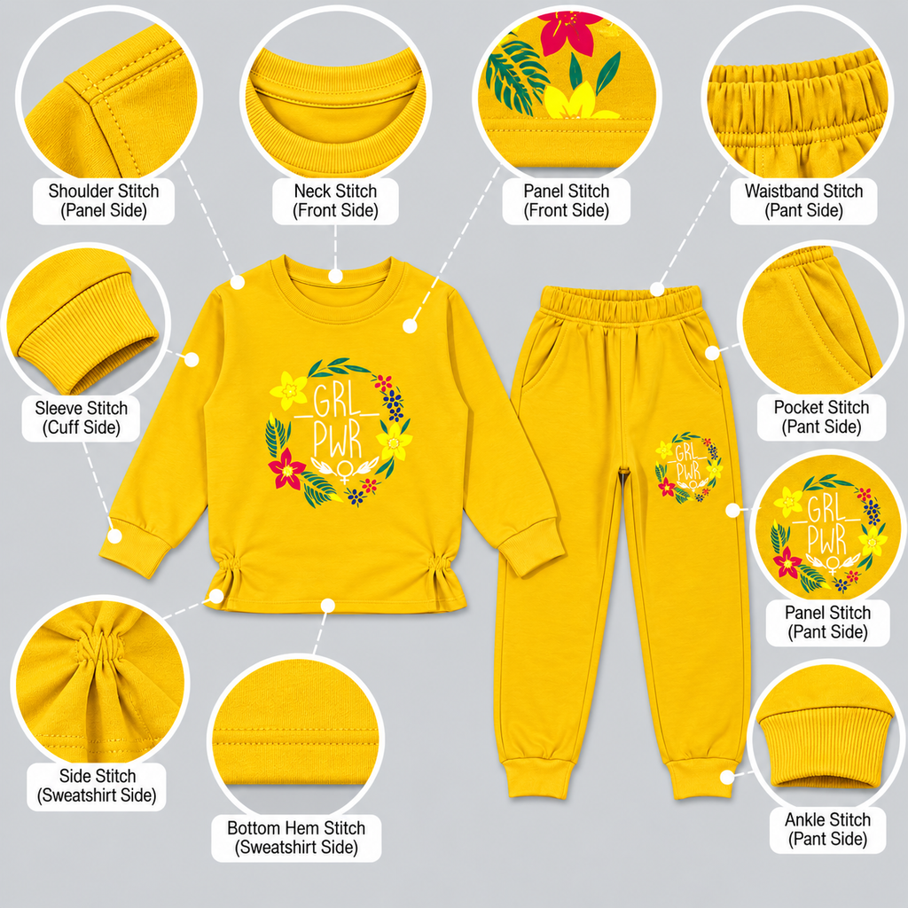 Girls "GRL PWR" Floral Sweatshirt & Joggers Set – Vibrant Yellow Tracksuit