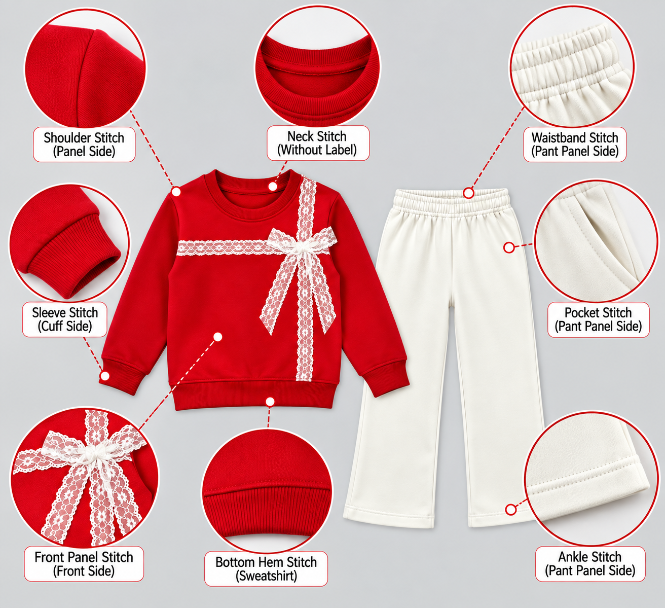 Girls Red & Off-White Lace Bow Sweatshirt & Flapper Trousers Set | Festive Fleece Outfit