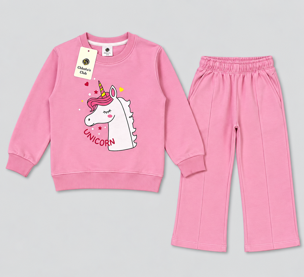Girls’ Pink Unicorn Printed Sweatshirt & Jogger Set