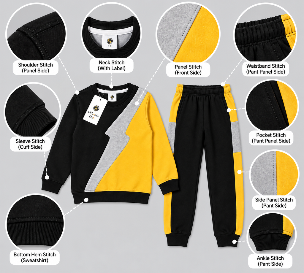 Chhotu's Club Lightning Bolt Sweatshirt & Jogger Set | Boys Black, Yellow Red & Grey Fleece Tracksuit