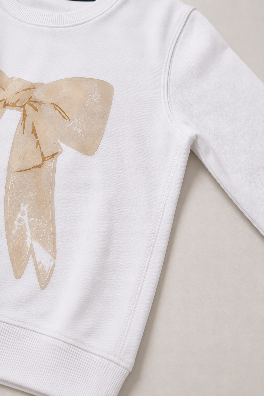 Girls Bow Detail Sweatshirt & Wide-Leg Pants Set – White & Beige