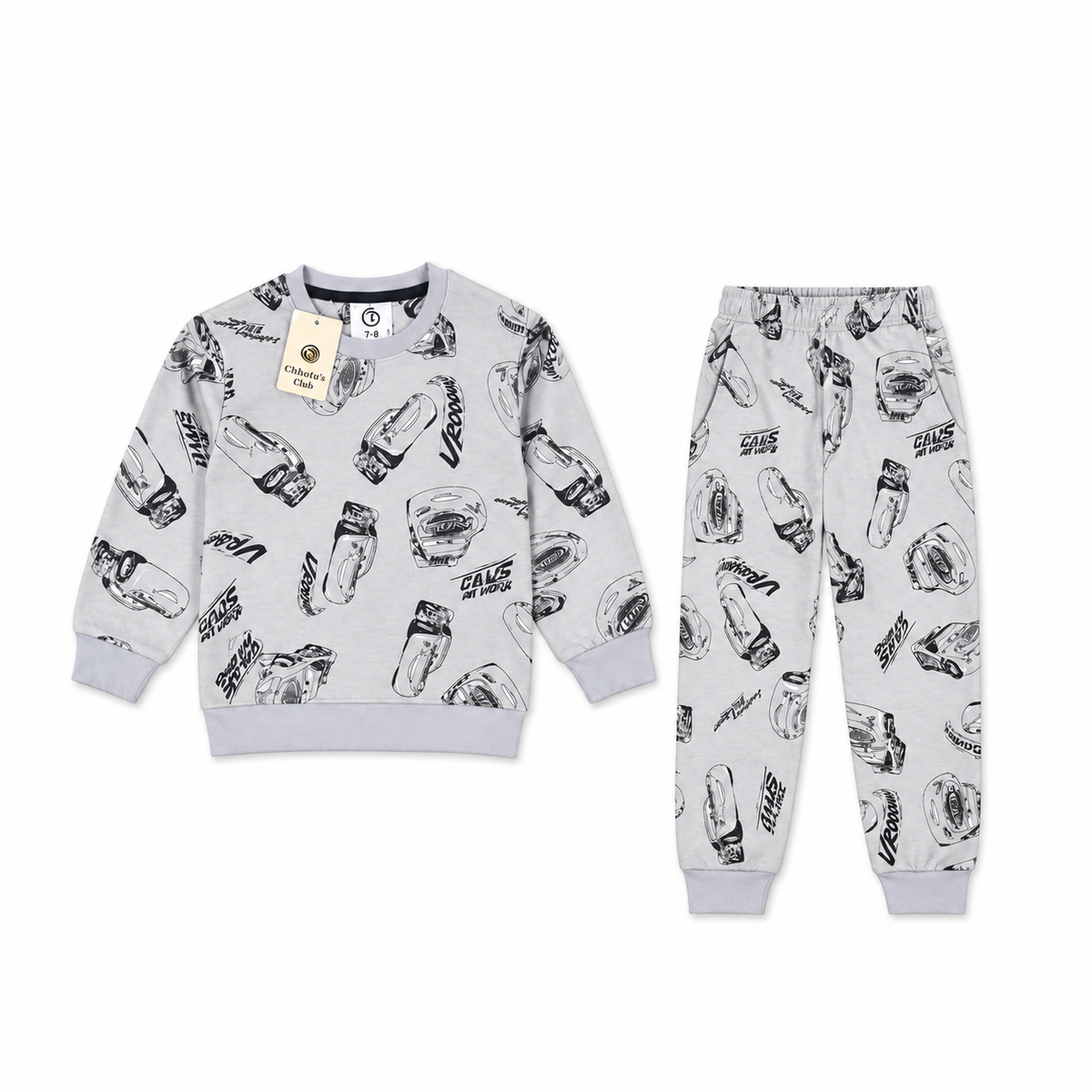 Kids All-Over Car Print Grey Sweatshirt & Jogger Set | Boys Vroom Streetwear Tracksuit