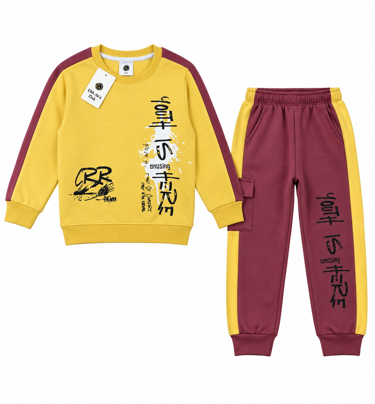 Kids "Youth Is Here" Mustard & Maroon Sweatshirt & Jogger Set | Boys Streetwear Fleece Tracksuit