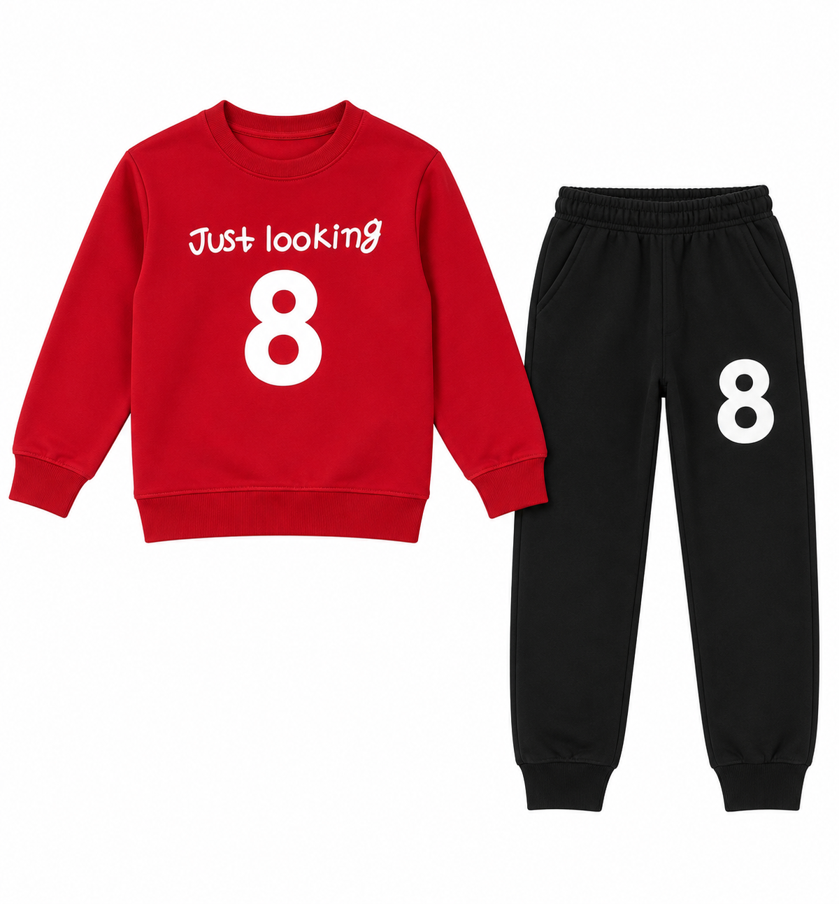 Kids "Just Looking 8" Red & Black Sweatshirt & Jogger Set | Boys Number 8 Fleece Tracksuit