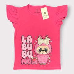 "La Bu Bu Mom" Glitter Graphic Flutter Sleeve T-Shirt – Hot Pink