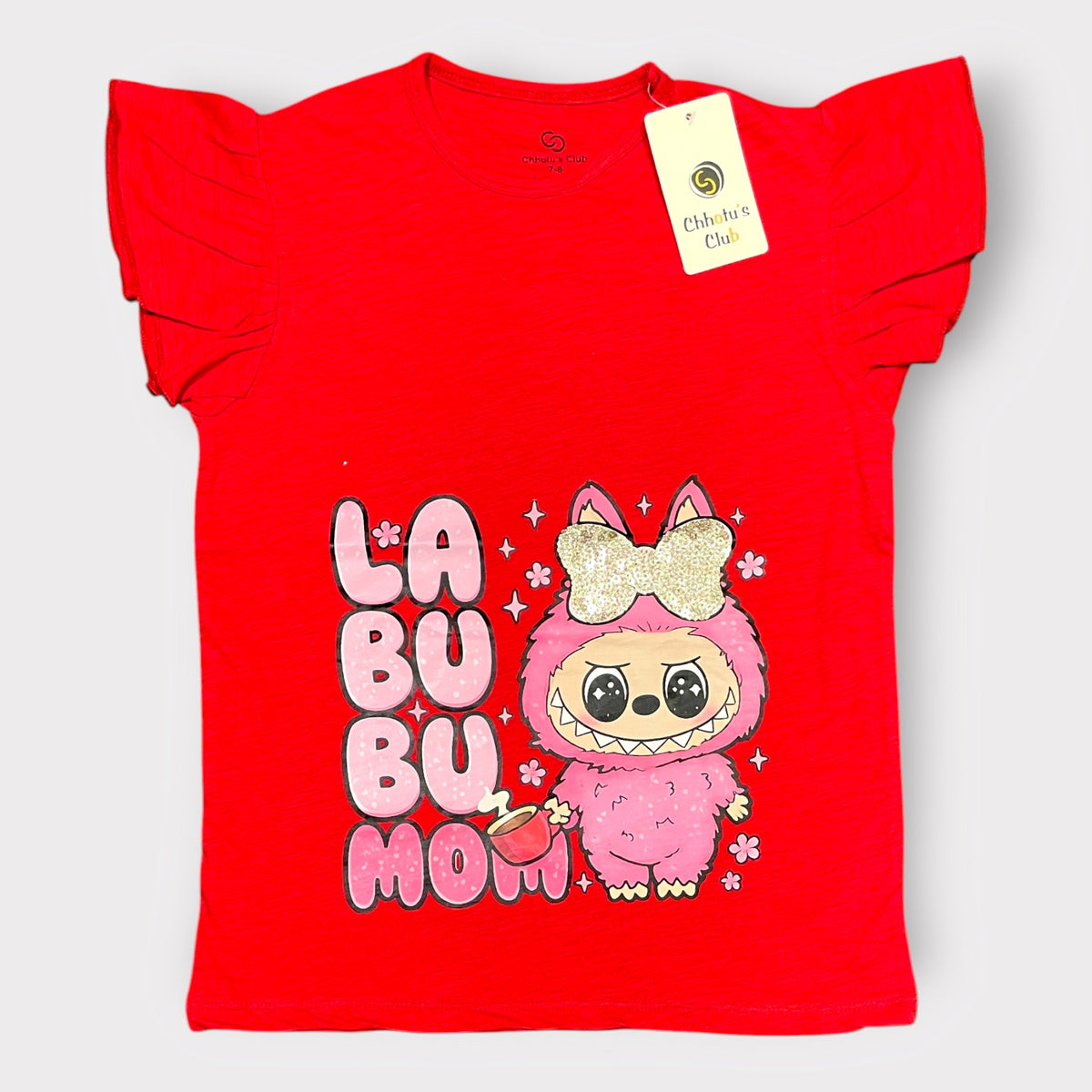 "La Bu Bu Mom" Glitter Graphic Flutter Sleeve T-Shirt – Hot Pink