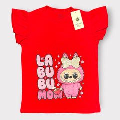 "La Bu Bu Mom" Glitter Graphic Flutter Sleeve T-Shirt – Hot Pink