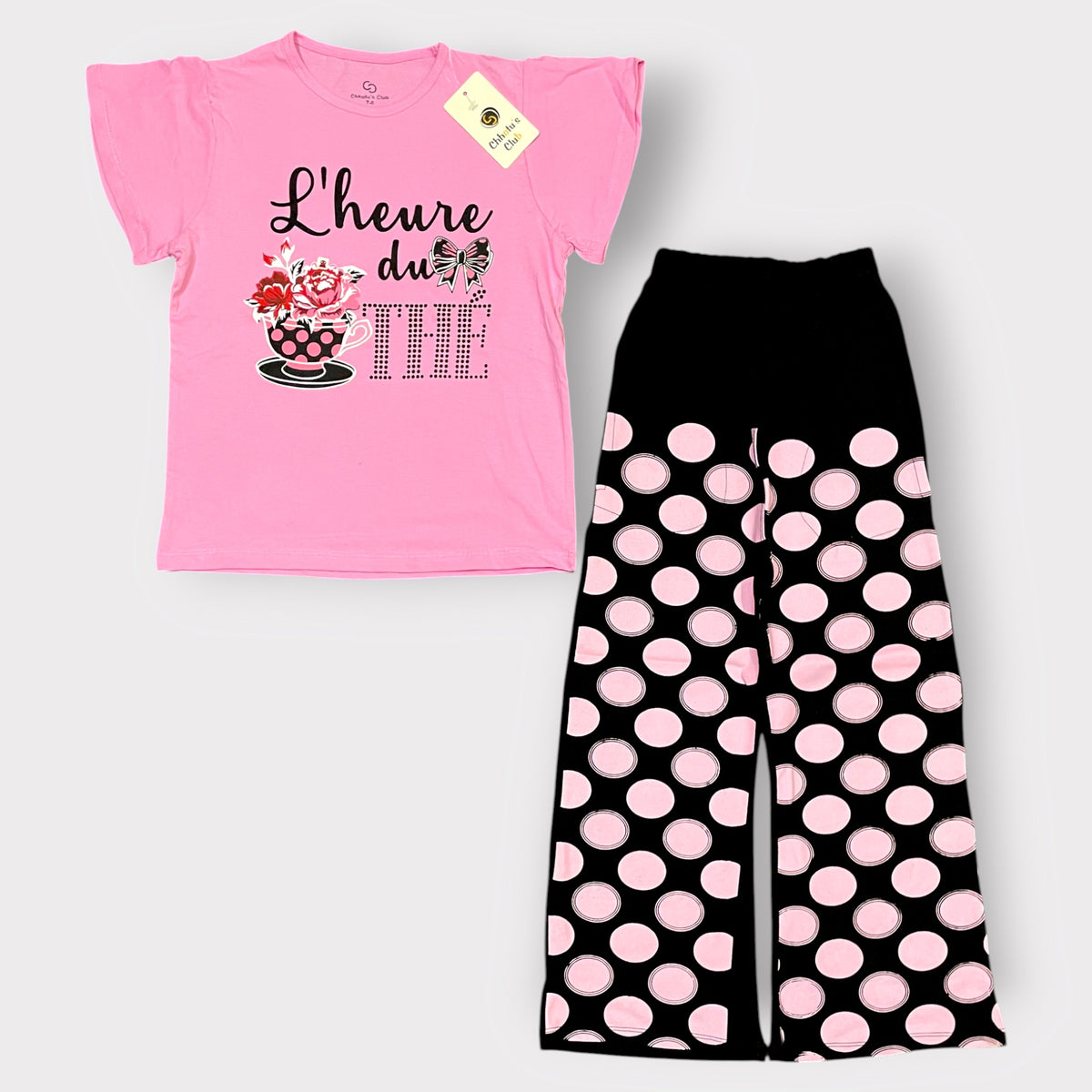 Girls Pink Graphic Tee & Polka Dot Wide-Leg Pants Set