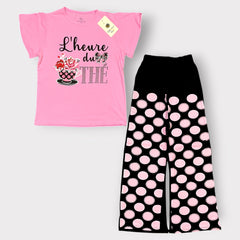 Girls Pink Graphic Tee & Polka Dot Wide-Leg Pants Set
