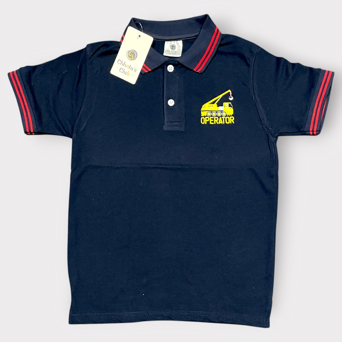 Kids Navy Blue Polo Shirt – Operator Print | Comfortable Cotton Casual Wear for Boys