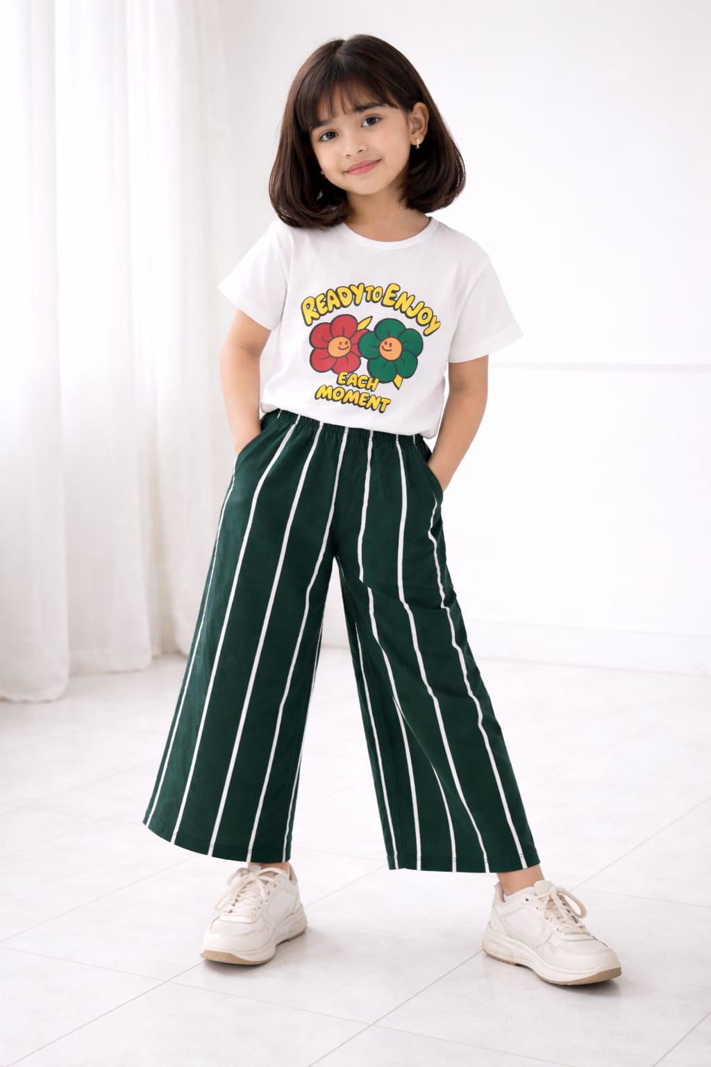 Girls "Ready to Enjoy" Graphic T-Shirt & Green Striped Wide-Leg Pants Set