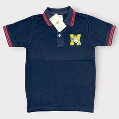 Boys Navy Blue Polo T-Shirt with Cartoon "M" Patch